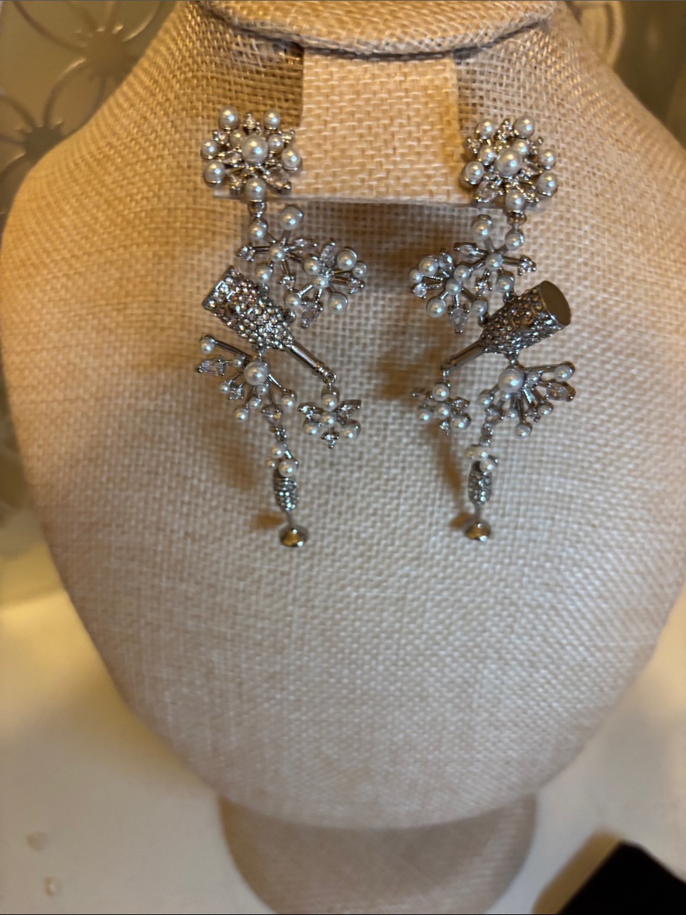 Pearl & Crystal Floral Drop Earrings - Silver Tone